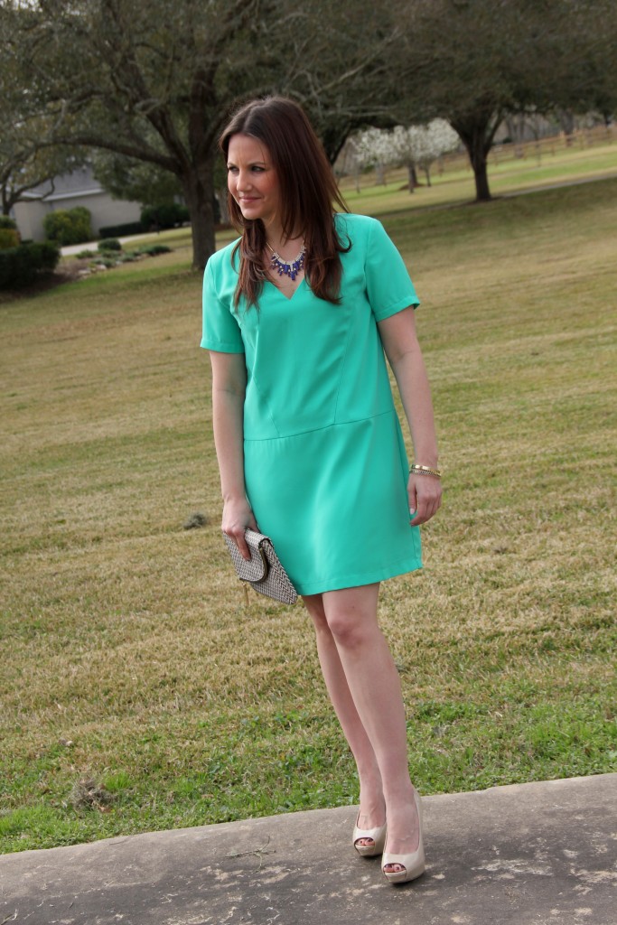 Perfect Easter outfit idea!  Love the mint dress with statement jewelry for spring look!