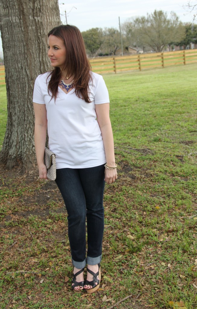 Laid Back Style perfect for a Casual Weekend Outfit - plain white tee, jeans and statement necklace  | Lady in Violet