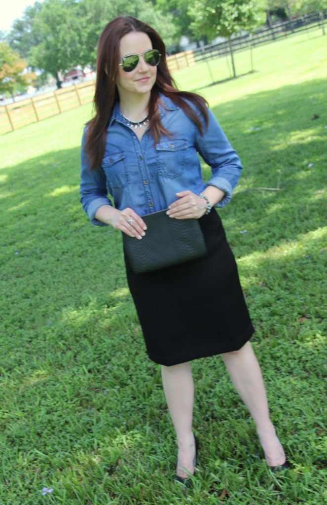 Work Outfit Idea - Chambray Shirt and Black Pencil Skirt | Lady in Violet