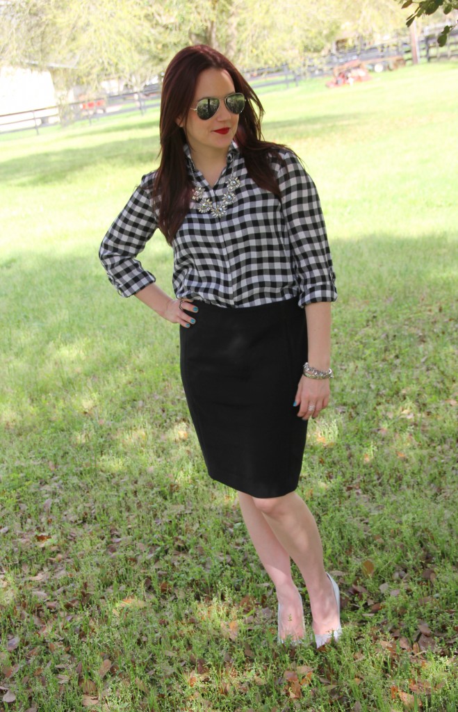 Spring Office Outfit idea - Gingham top with black pencil skirt | Lady in Violet