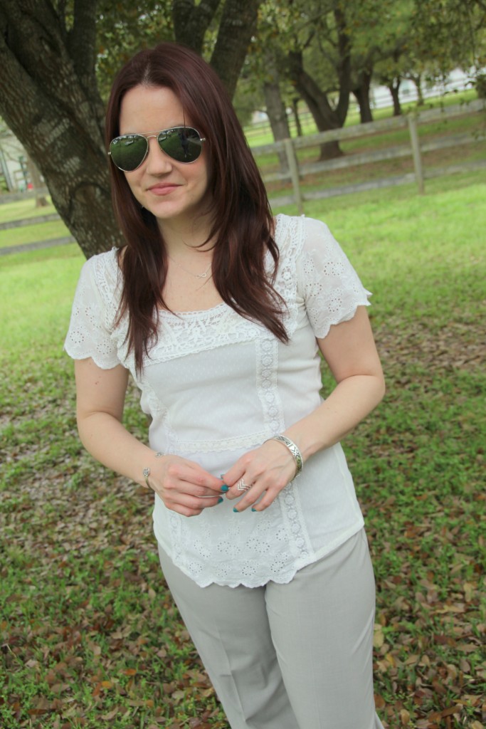 Work Outfit Idea - White Lace Top with light gray pants | Lady in Violet