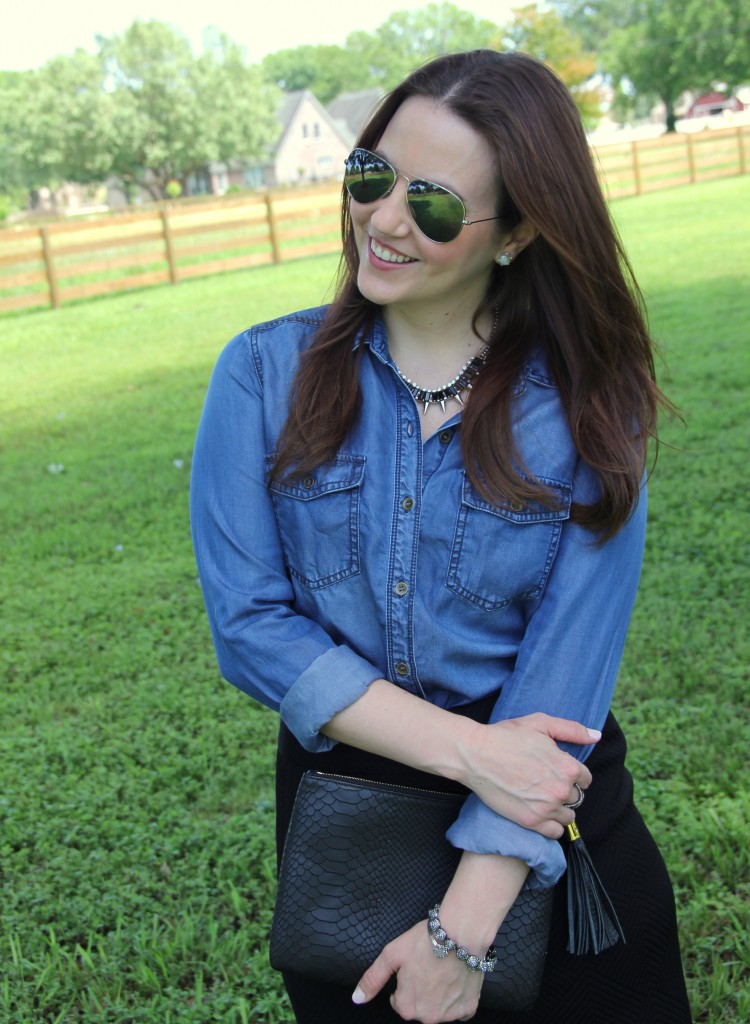 Office Outfit Idea - Chambray Shirt and Black Pencil Skirt and Statment Necklace | Lady in Violet