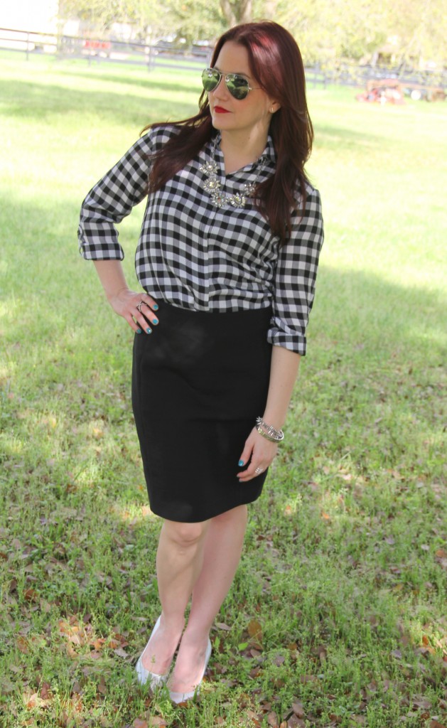 Spring Office Outfit idea - Gingham top with black pencil skirt | Lady in Violet