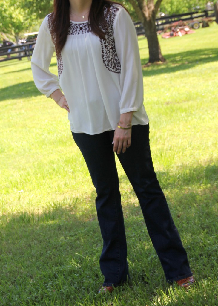 Casul Friday at the Office Outfit - Embroidered Top with Flared Jeans and Wedges | Lady in Violet