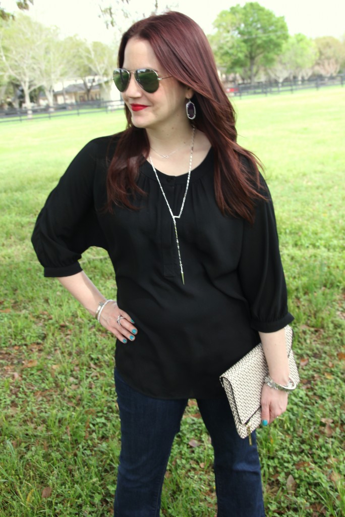 Casual outfit idea - flared jeans and black tunic with booties | Lady in Violet