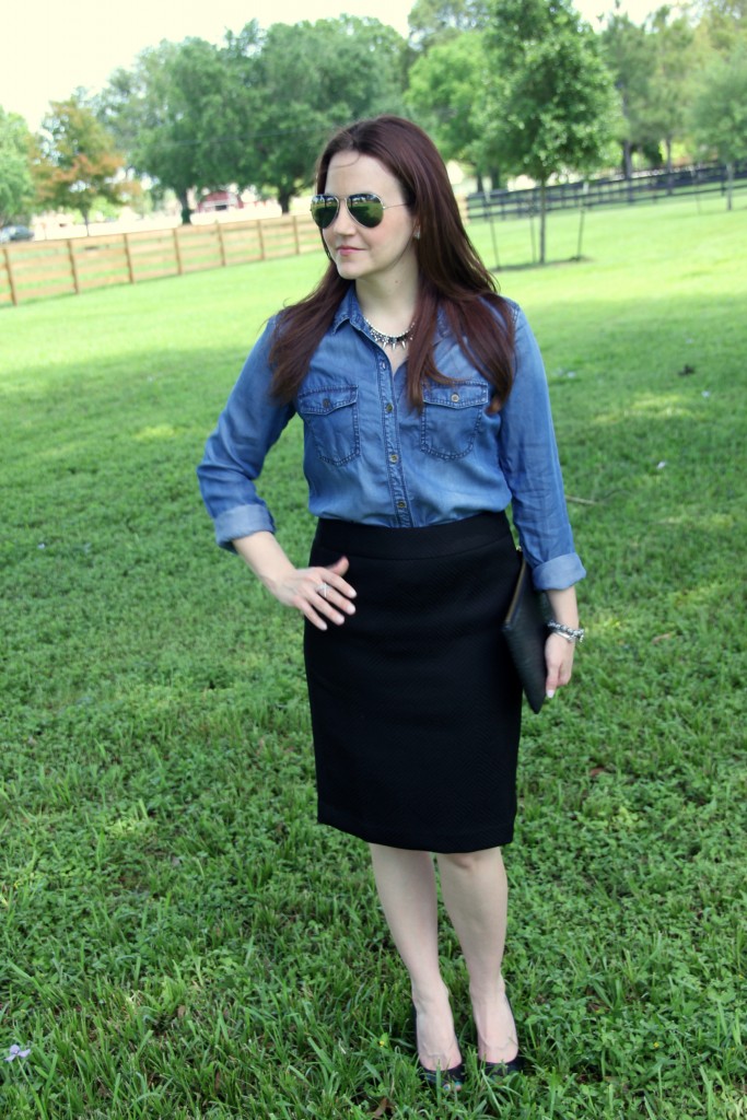 Work Outfit Idea - Chambray Shirt and Black Pencil Skirt | Lady in Violet