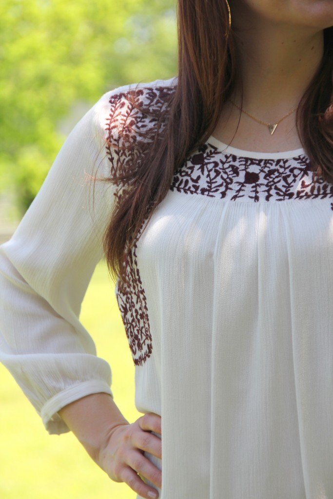 Spring Outfit Idea - Embroidered Top with Flared Jeans and Wedges | Lady in Violet