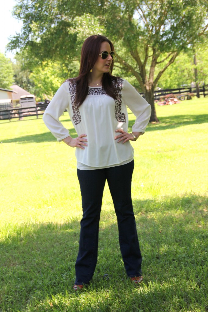 Fall Outfit Idea - Embroidered Top with Flared Jeans and Wedges | Lady in Violet