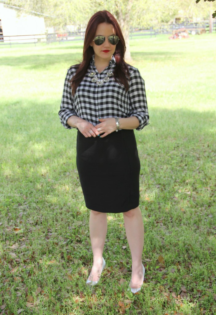 Spring Office Outfit idea - Gingham top with black pencil skirt | Lady in Violet