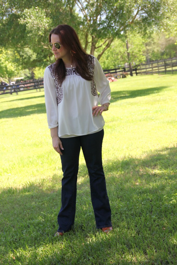 Casual Outfit Idea - Embroidered Top with Flared Jeans and Wedges | Lady in Violet