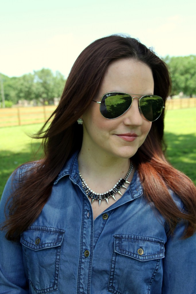 Work Outfit Idea - Chambray Shirt and Black Pencil Skirt and Statement Necklace | Lady in Violet