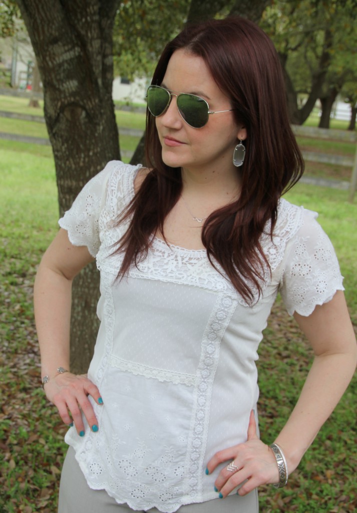 Spring Work Look - White Lace Top with light gray pants | Lady in Violet