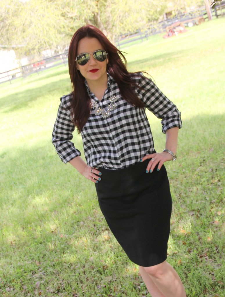 Spring Office Outfit idea - Gingham top with black pencil skirt | Lady in Violet