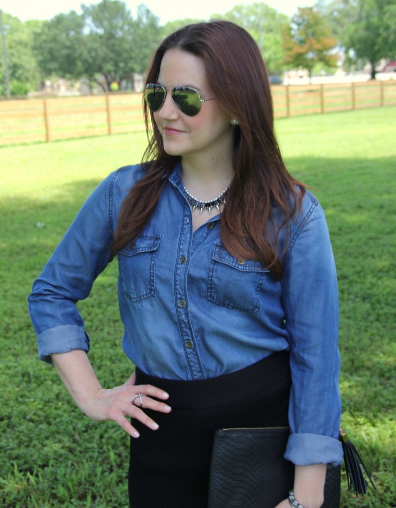 Work Outfit Idea - Chambray Shirt and Black Pencil Skirt | Lady in Violet