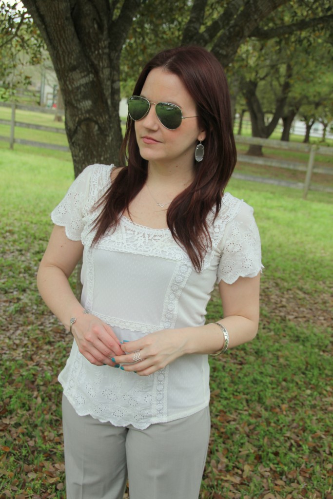 Spring Work Outfit - White Lace Top with light gray pants | Lady in Violet
