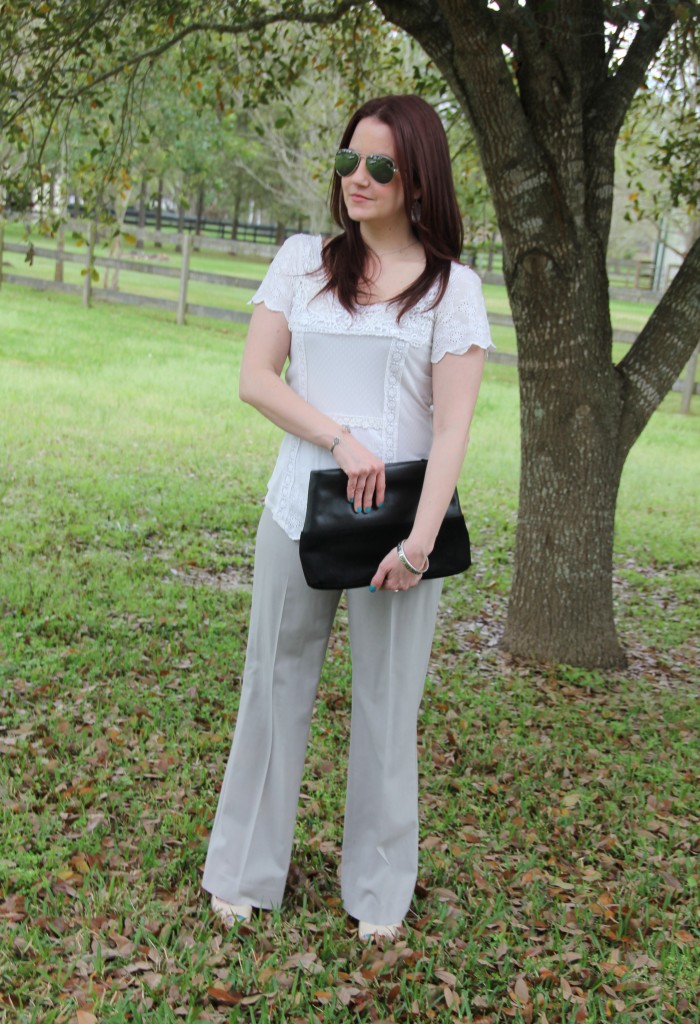 Work Outfit Idea - White Lace Top with light gray pants | Lady in Violet
