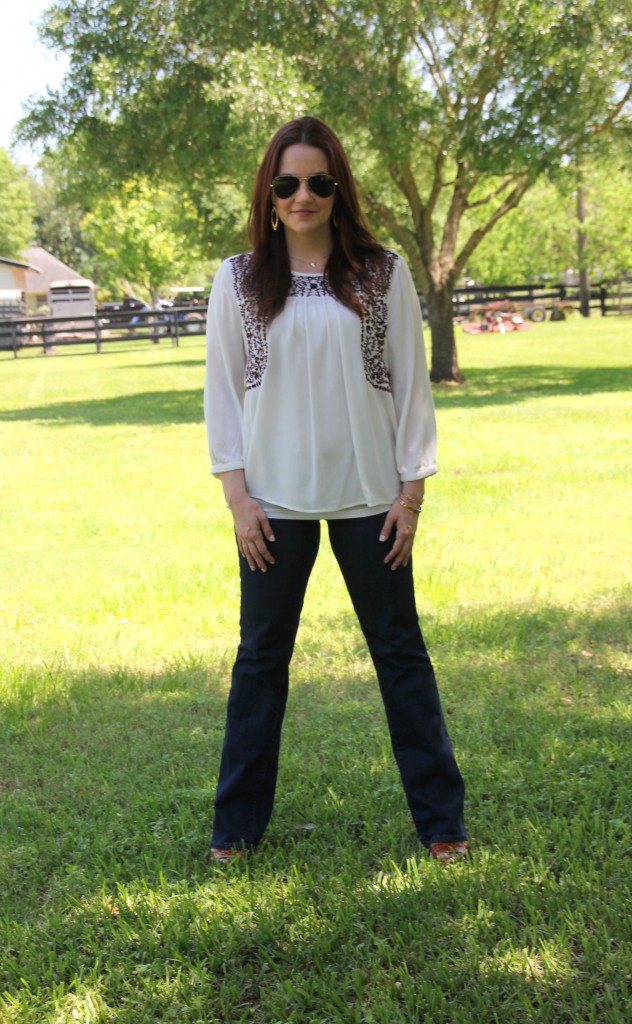 Spring Outfit Idea - Embroidered Top with Flared Jeans and Wedges | Lady in Violet