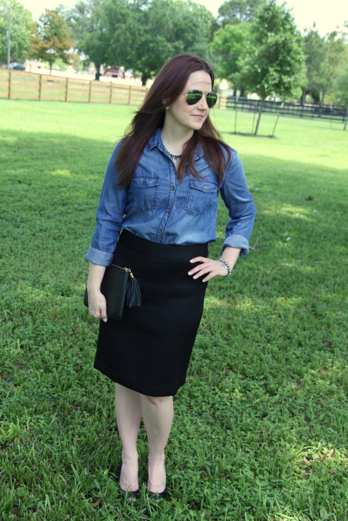 Work Office Outfit Idea - Chambray Shirt and Black Pencil Skirt | Lady in Violet