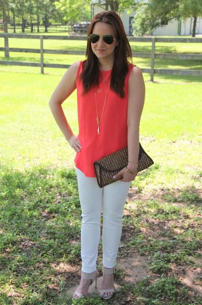 Weekend Outfit Idea - Coral Sleeveless blouse, white denim and sandals | Lady in Violet