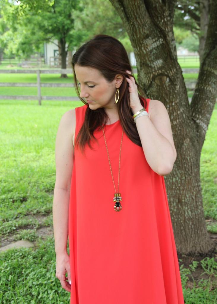 Summer Outfit Idea - Orange Shift Dress and Gold Jewelry | Lady in Violet