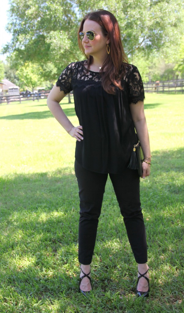 Work Oufit idea - Black Lace top with Skinny Work Pants | Lady in Violet