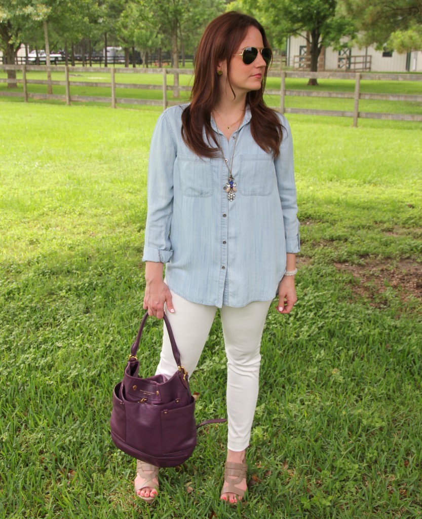 Spring Outfit - LIght Chambray shirt and White Denim with wedges | Lady in Violet