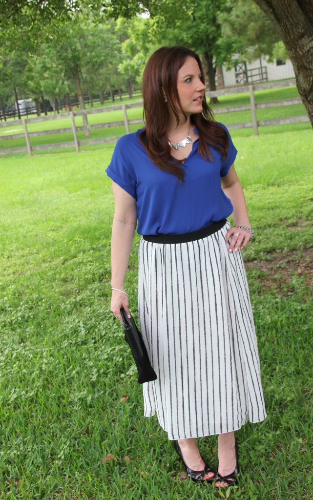 Office Style - Striped Midi Skirt with Blue Blouse | Lady in Violet