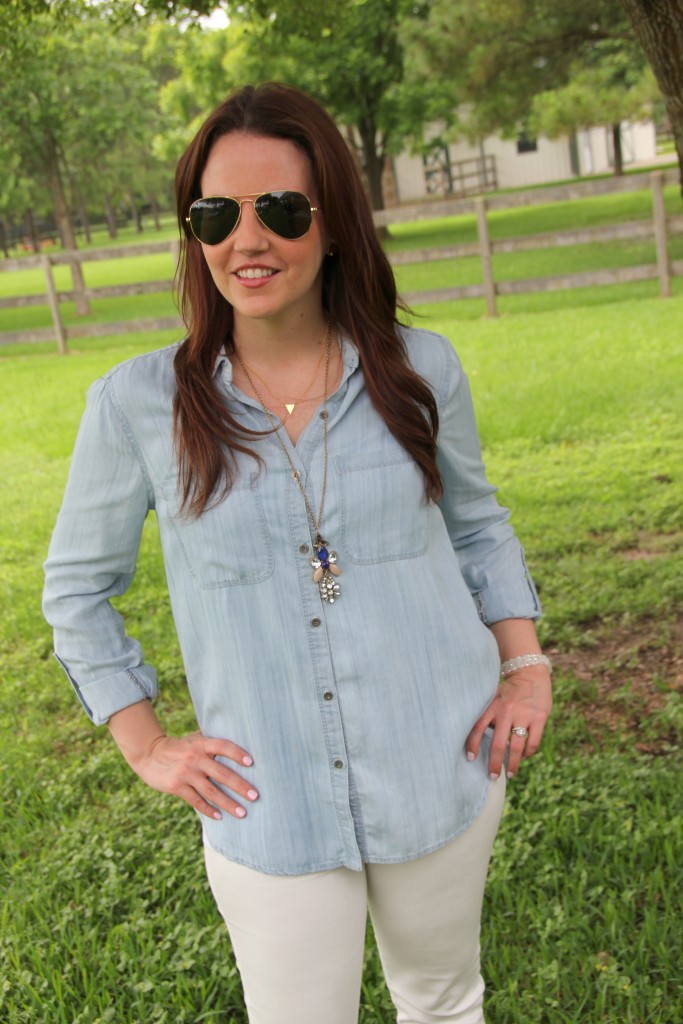Summer Outfit Idea - LIght Chambray shirt and White Denim with wedges | Lady in Violet