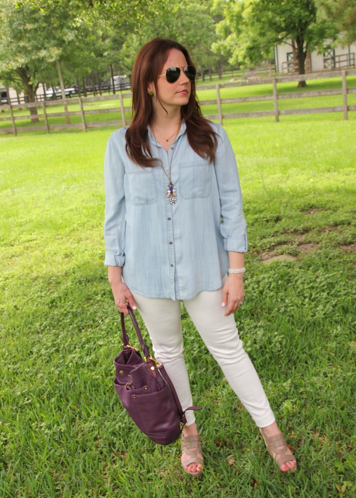 Casual Weekend Outfit - LIght Chambray shirt and White Denim with wedges | Lady in Violet