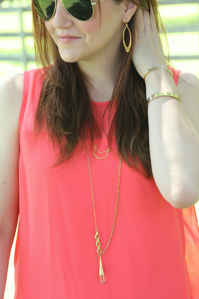 Coral Top with Gold Jewelry | Lady in Violet