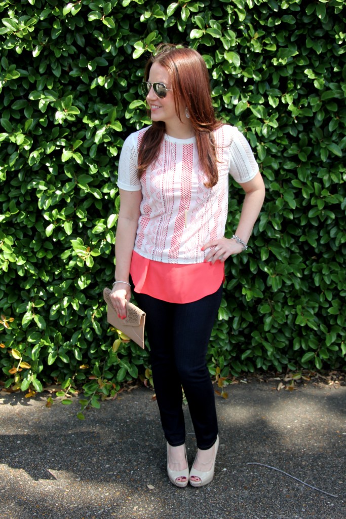 Outfit Idea - Bright Colored top layered under white see through top with dark skinny jeans | Lady in Violet