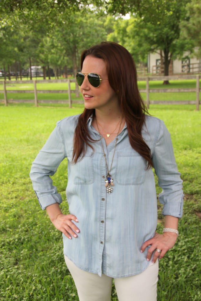 Weekend Outfit - LIght Chambray shirt and White Denim with wedges | Lady in Violet