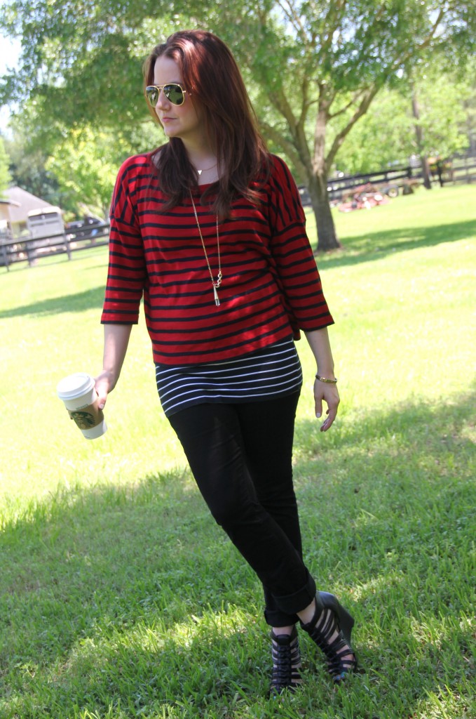 Outfit Idea - Layered Stripes over skinny jeans with wedges | Lady in Violet