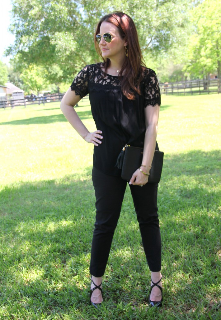 Work Oufit idea - Black Lace Blouse with Skinny Work Pants | Lady in Violet