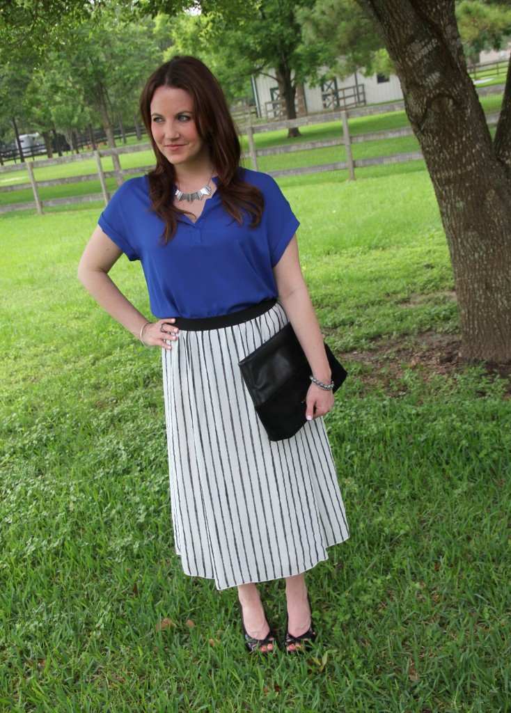 Office Outfit Idea - Striped Midi Skirt with Blue Blouse | Lady in Violet