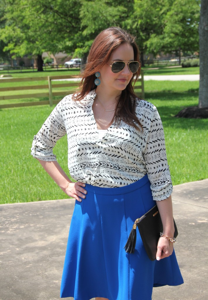 Office Outfit - Printed Top with Blue A-line Skirt | Lady in Violet