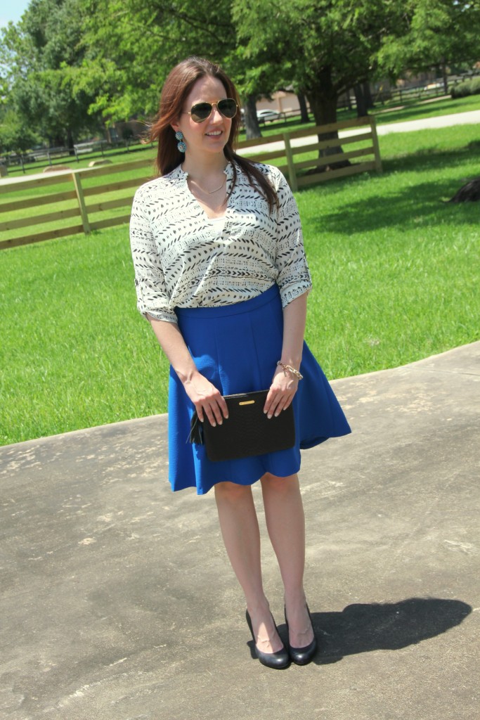 Work Outfit - Printed Top with Blue A-line Skirt | Lady in Violet