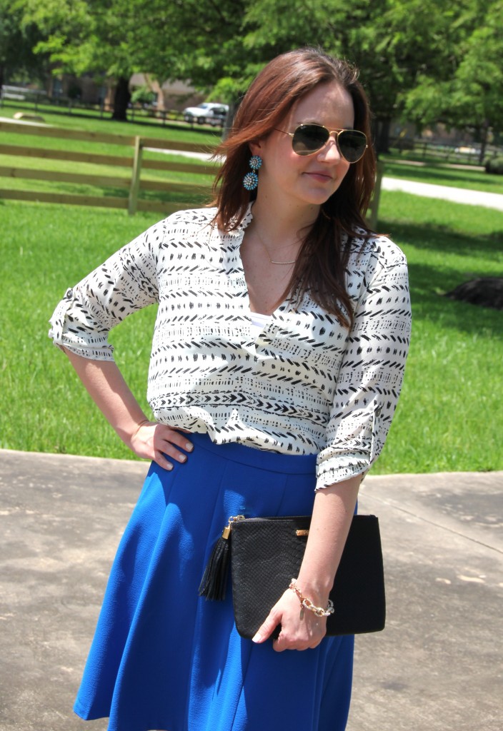 Office Outfit Idea - Printed Top with Blue A-line Skirt | Lady in Violet