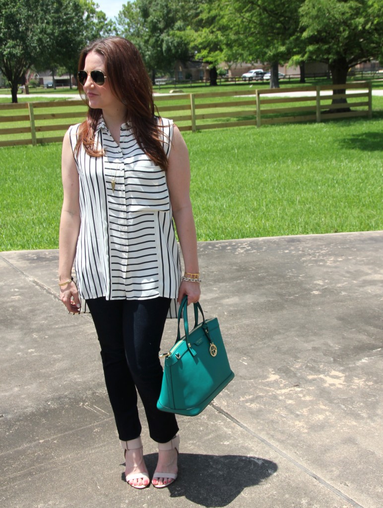 Spring Outfit Idea - Sleeveless Striped Top with Skinny Jeans and Sandals | Lady in Violet