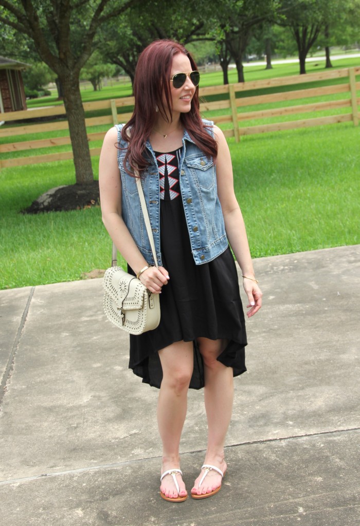 Summer Casual Oufit - Summer Dress with Denim vest and sandals | Lady in Violet