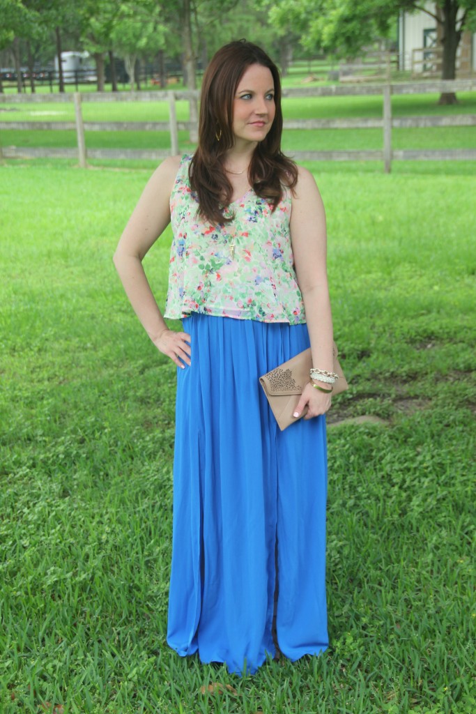 Summer Outfit - Floral Tank top and Blue Maxi Skirt | Lady in Violet