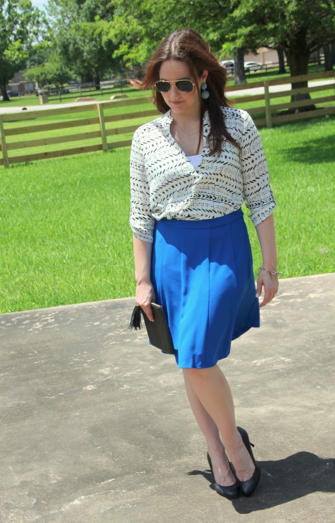 Office Outfit - Printed Top with Blue A-line Skirt | Lady in Violet