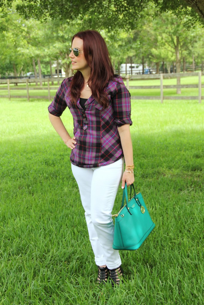 Purple Plaid Shirt with White Denim | Lady in Violet