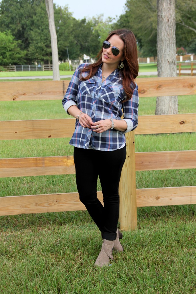 Fall Outfit in Plaid shirt and Taupe Booties | Lady in Violet