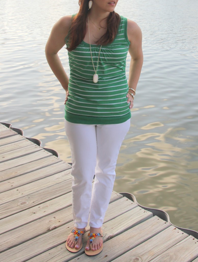 Green tank top and white denim | Lady in Violet