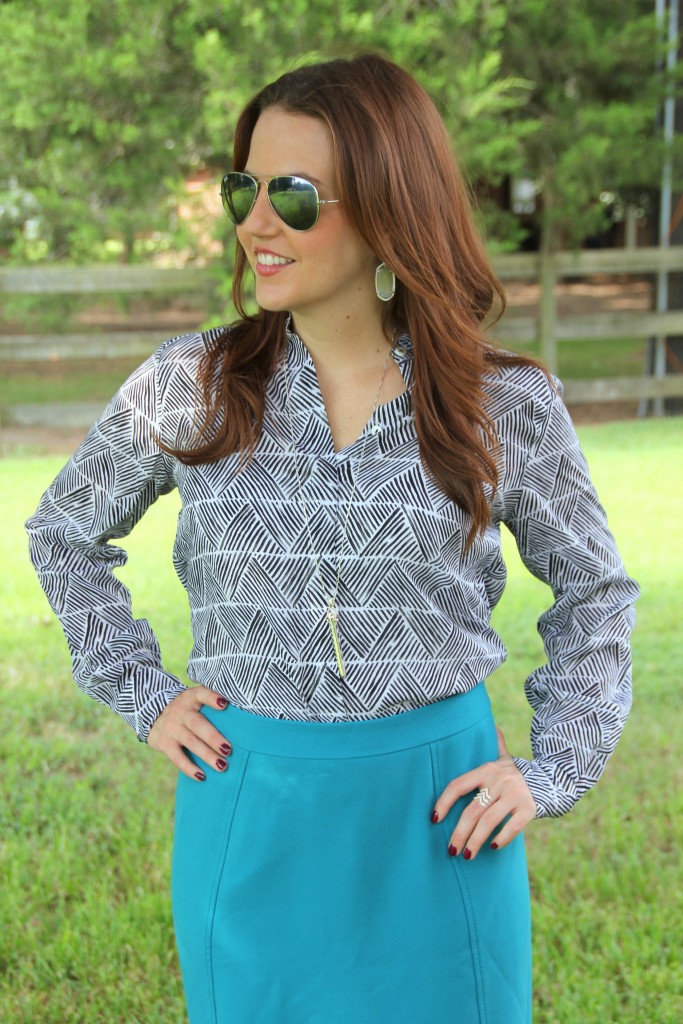 Patterned Blouse with blue pencil skirt | Lady in Violet