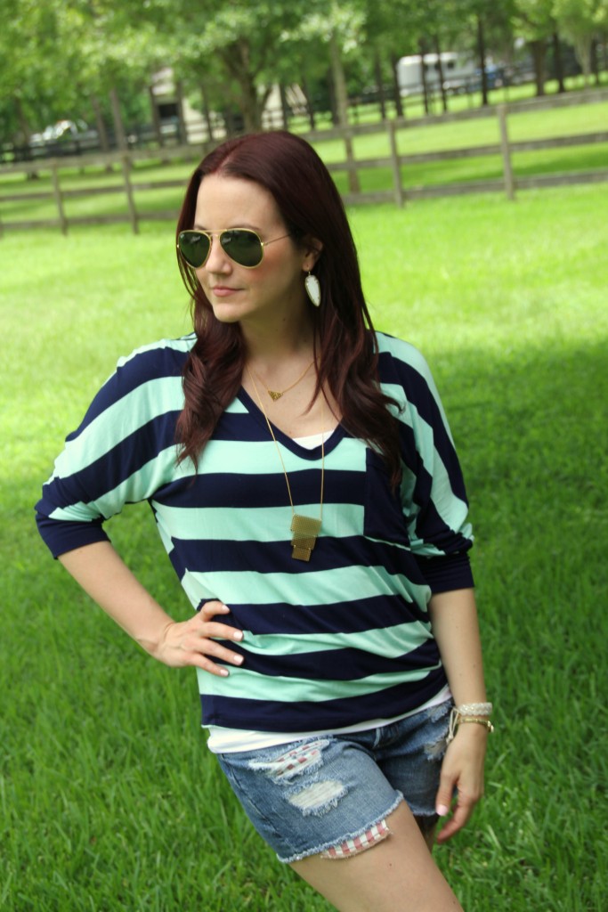 Striped Dolman Tee and Distressed Shorts | Lady in Violet