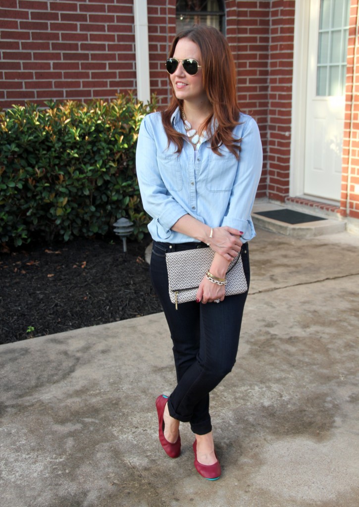 Fall Casual Outfit - Denim and Red Ballet Flats | Lady in Violet