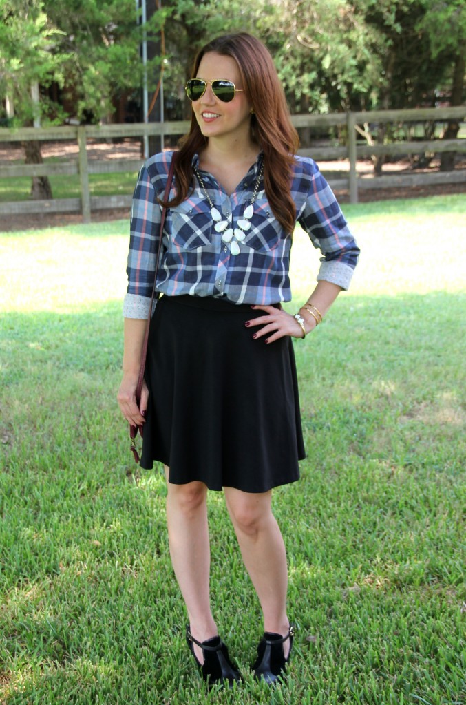 Plaid Shirt, Flared Skirt, Booties | Lady in Violet