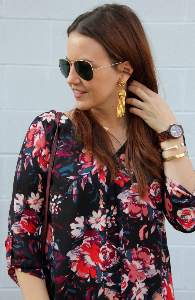Floral Dress with gold tassel earrings | Lady in Violet
